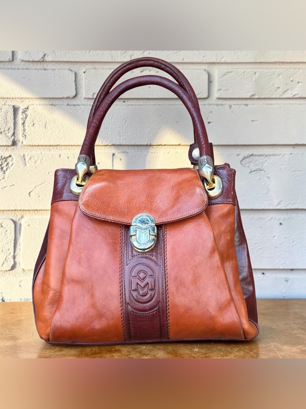 Marino Orlandi Two-Tone Tan & Dark Brown Leather Satchel